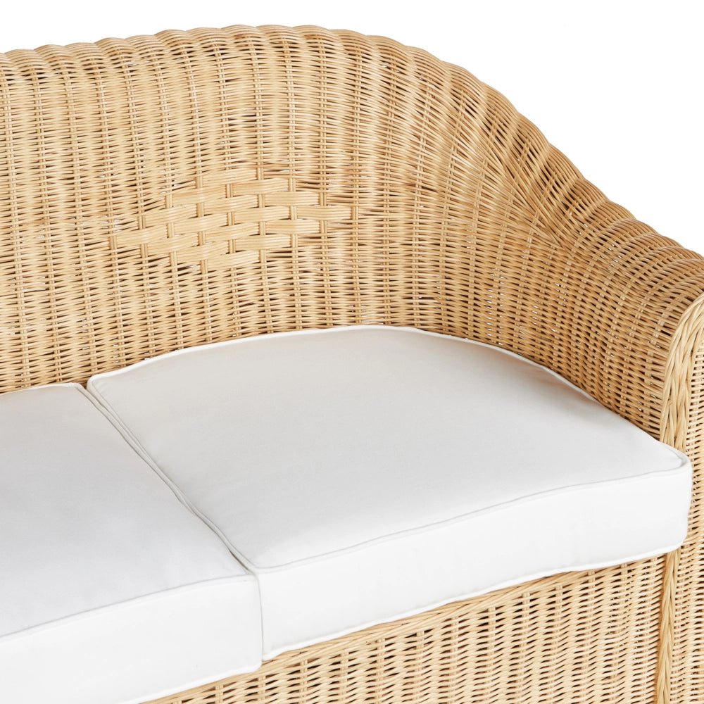 Divano da giardino a 3 posti in rattan naturale bianco con cuscino in cotone di media resistenza per esterni in stile bohémien per il giardino e il balcone