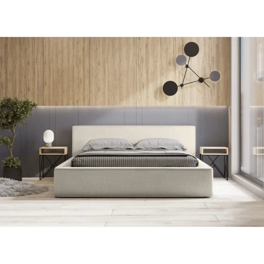 Letto contenitore VELORA – Sabbia ricciolata – 160x200 cm – Tessuto effetto lana – Rete sollevabile – Contenitore integrato