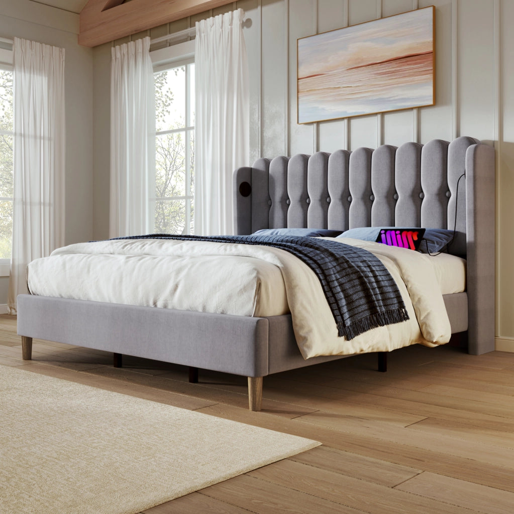 Letto matrimoniale imbottito 160x200 cm in lino grigio con USB e presa Type-C; con materasso