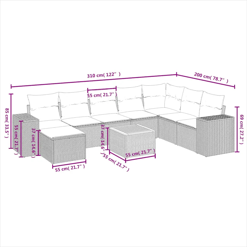 Set Divani da Giardino 9 pz con Cuscini Nero in Polyrattan 3225581