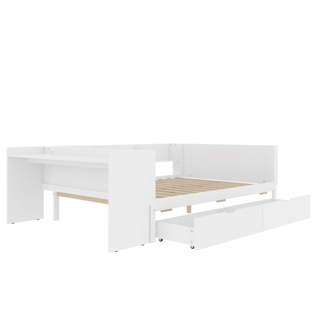 Letto 140x200 cm con scrivania; cassetti e ripiani in legno bianco