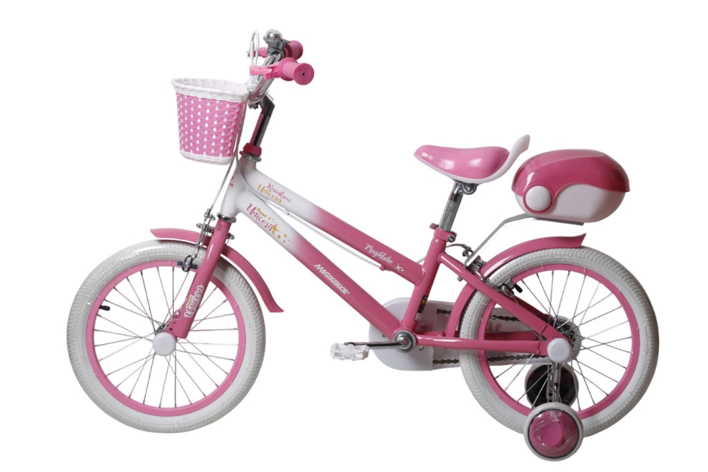 Bicicletta per Bambine Unicorn 14 Pollici con Stabilizzatori Bauletto e Cestino Rosa Rosa