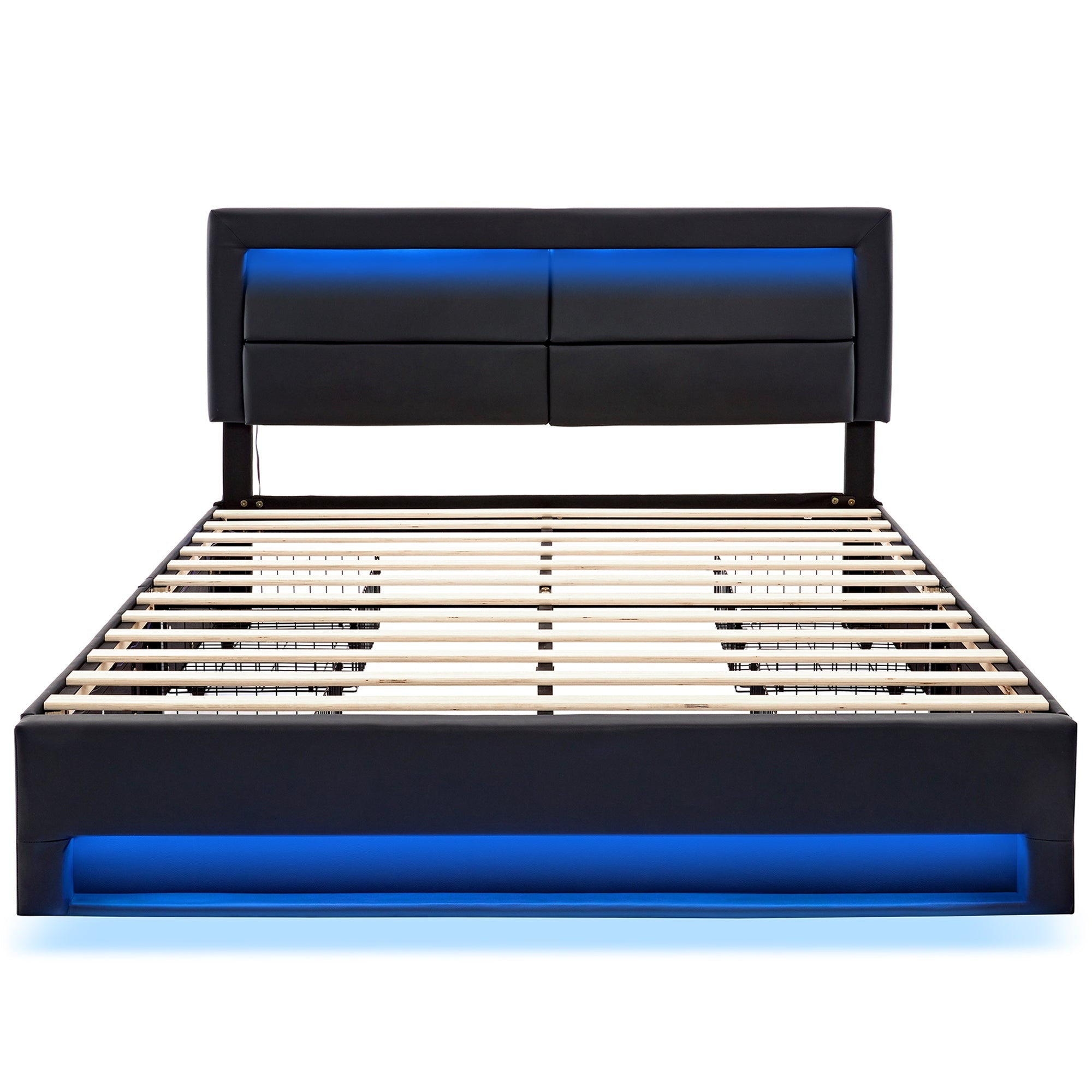 Letto 140x200cm - Xylo - USB, LED, 4 Cassetti, Pelle Nera