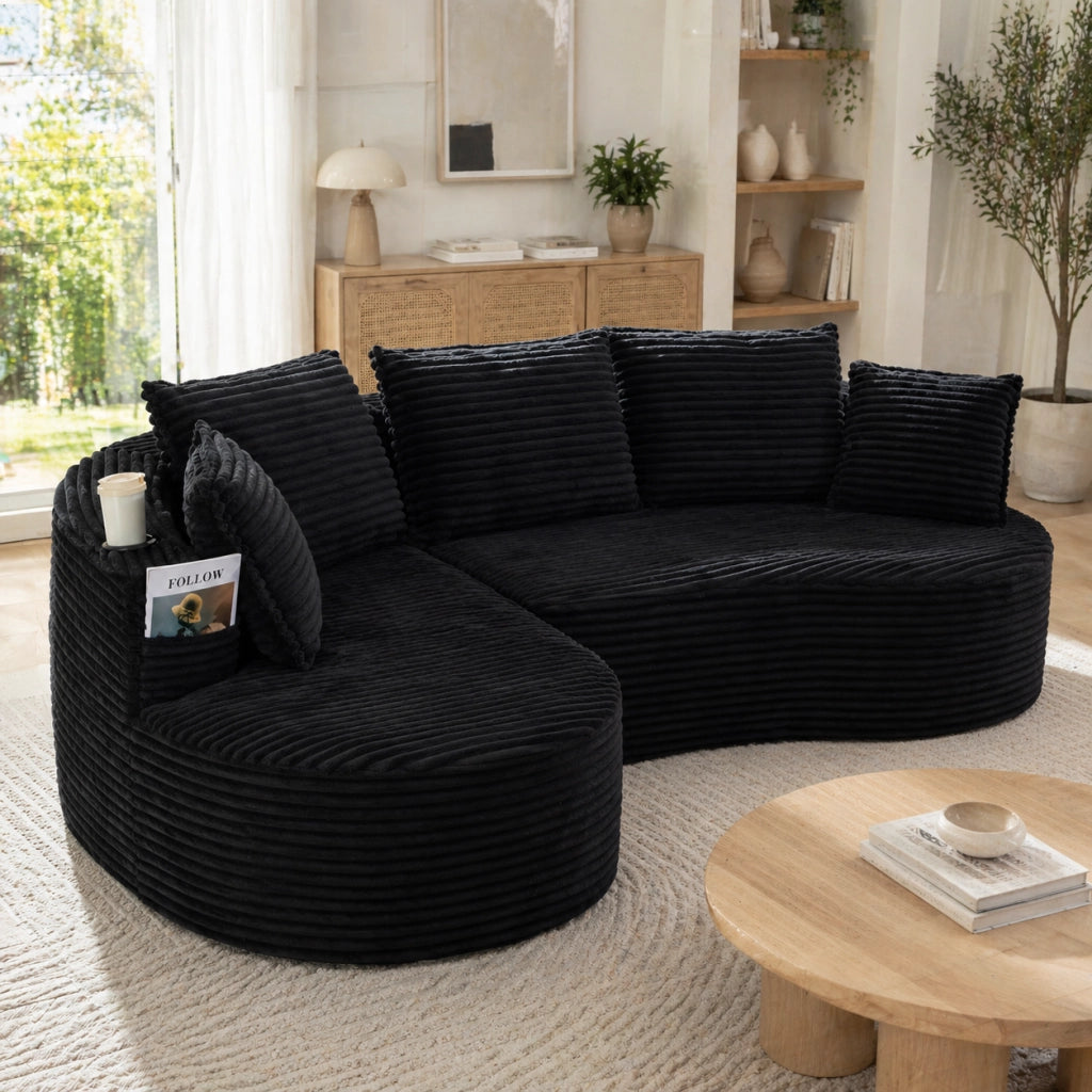 Divano curvo moderno 250 cm in velluto a coste con portabicchieri e tasche; schiuma alta densità