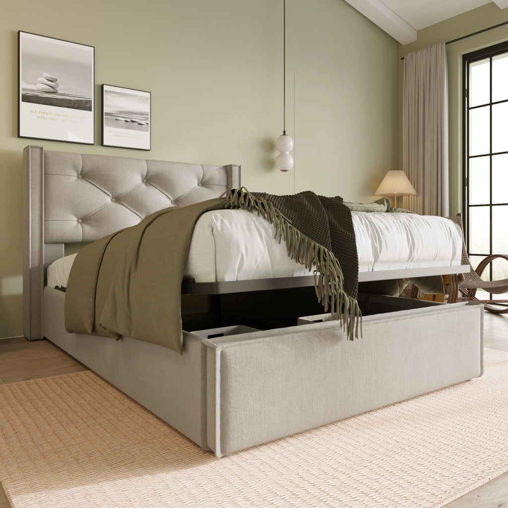 Letto Contenitore 90 x 200 cm; Testiera Trapuntata e Rete Sollevabile - Grigio Chiaro