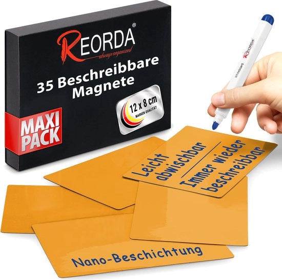 Strisce magnetiche adesive da riordino - 35 strisce riutilizzabili - 12 x 8 cm arancione | Magnetici adesivi per lavagne bianche, tavole kanban e lavagne magnetiche | Magnetici adesivi per frigoriferi