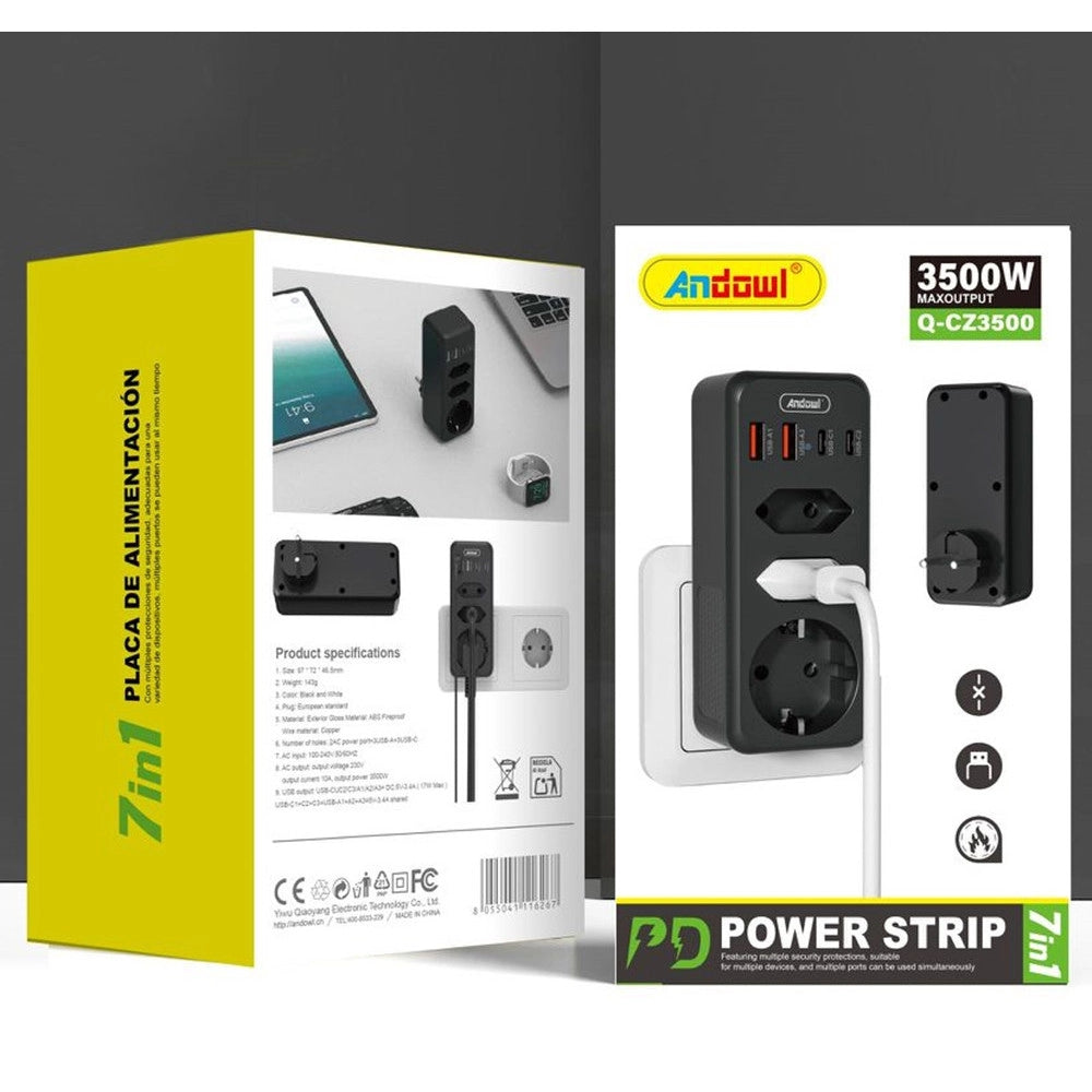 Trade Shop - Multipresa Da Parete Multipla 7in1 Con 4 Usb 1 Schuko 2 Spine Eu 3500w Salvaspazio Q-cz3500 -