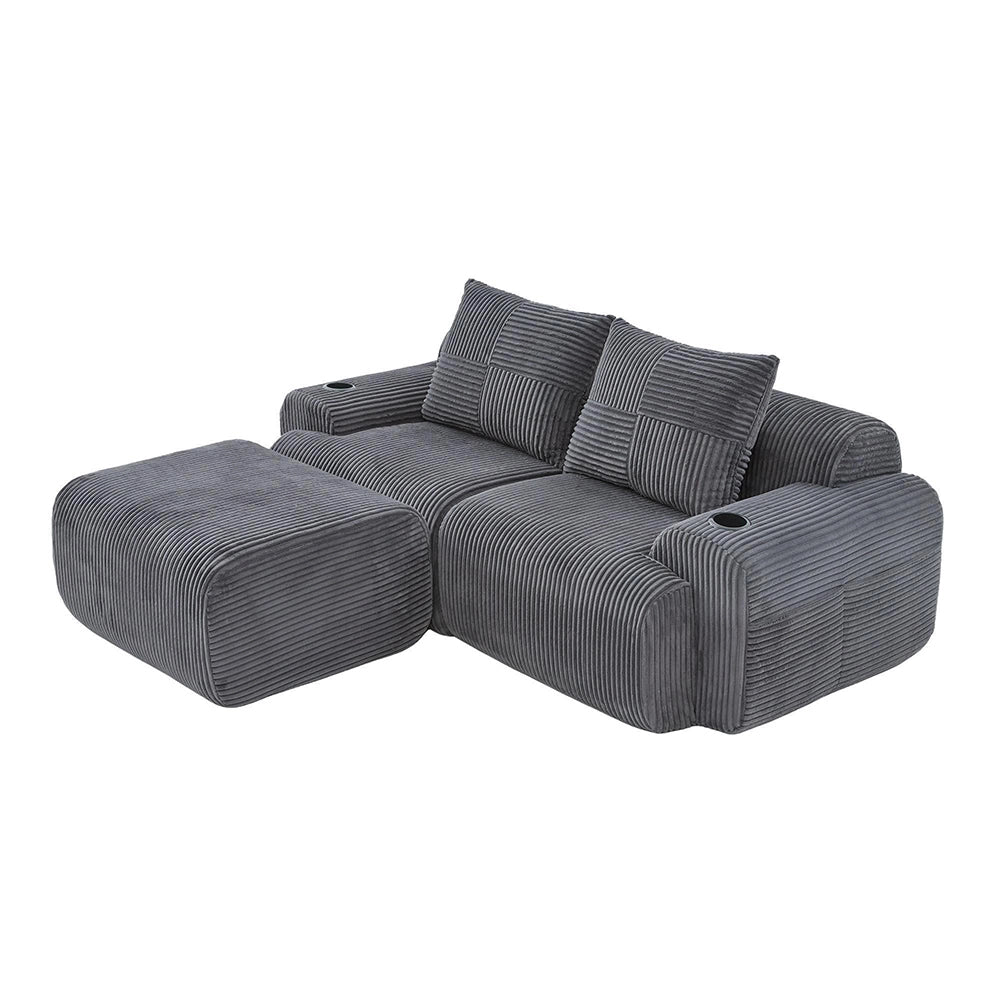 Canap¨¦ modulable in velluto costato per 2 persone - Xylo - Con pouf, porta-bevande e tascone laterale