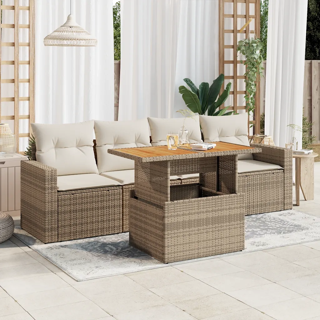 Set Divano da Giardino 5 pz con Cuscini Beige in Polyrattan