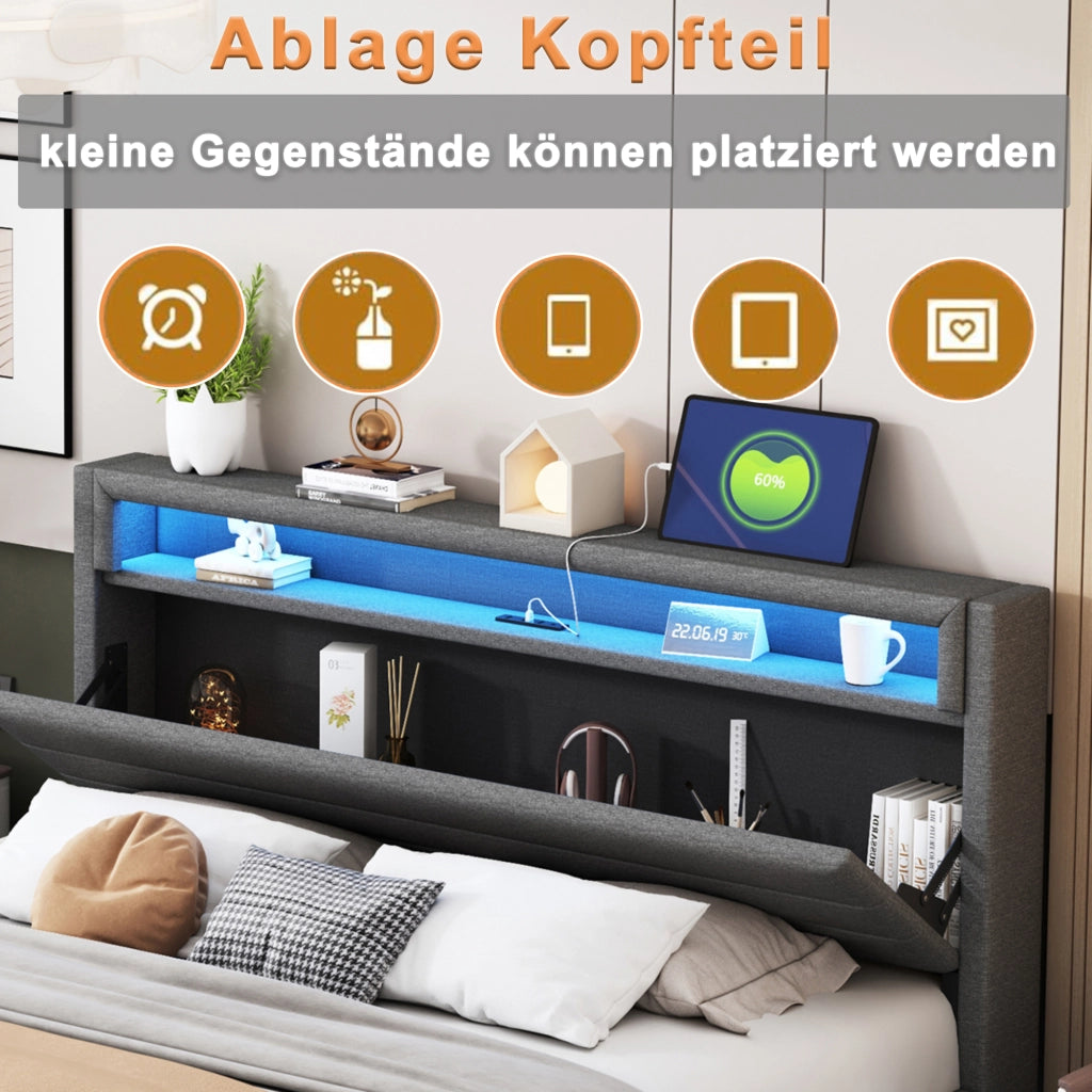 OKWISH Letto Matrimoniale 140×200 cm con USB, LED Regolabile e Testiera Reversibile, senza Materasso, in Tessuto Imbottito, Grigio