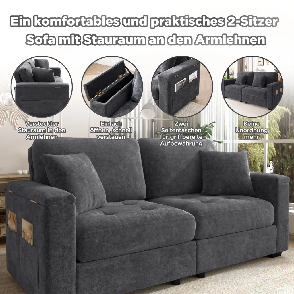 Divano a 2 posti con contenitore nei braccioli e tasche laterali, cuscini inclusi, in chenille grigio scuro