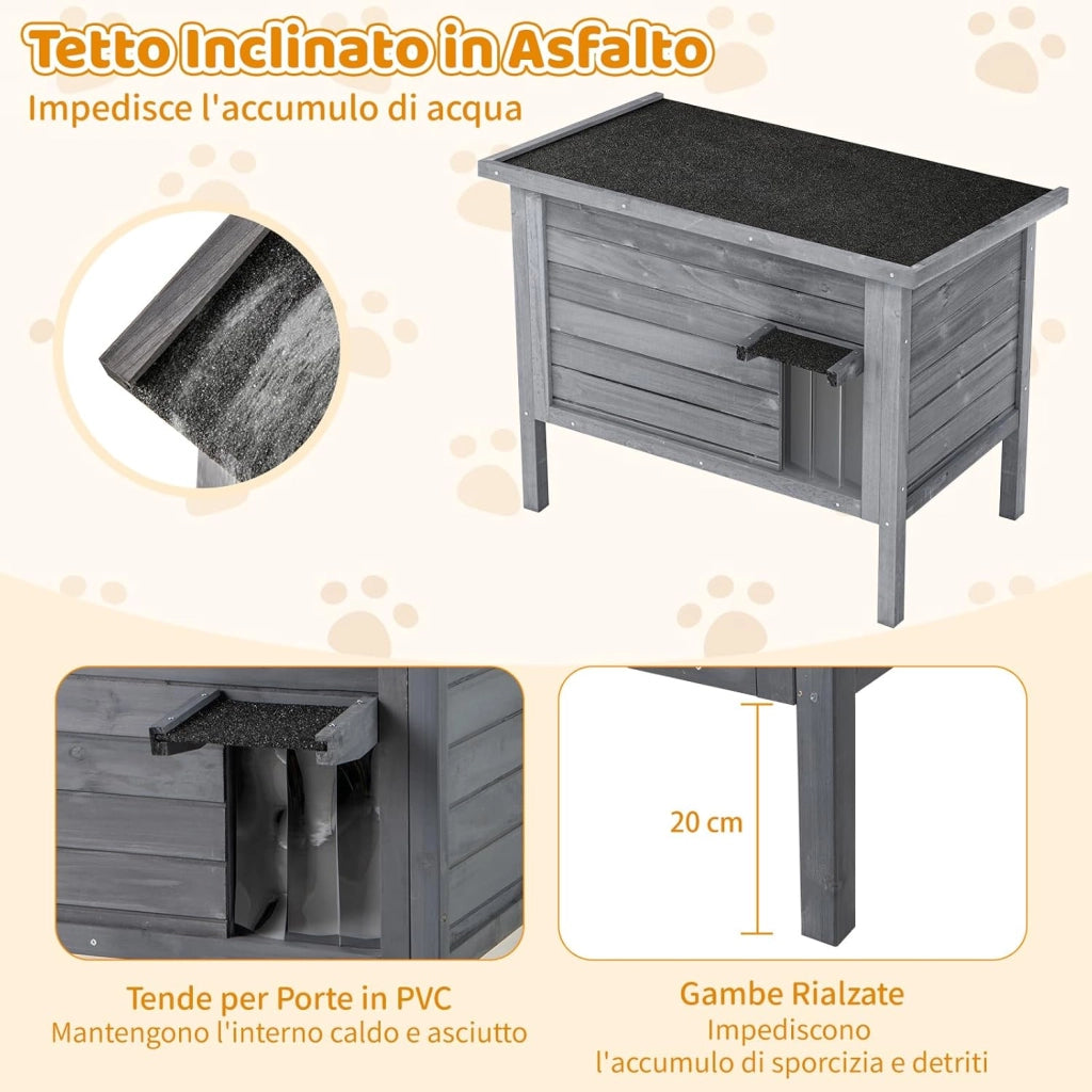 Cuccia per Gatti da Esterno Inverno, Cassetta per Gatti Impermeabile in Legno con Isolamento in Schiuma, 2 Comparti Spaziosi, Tetto Apribile in Asphalt e Porta, 88 x 55 x 71 cm (Grigio)