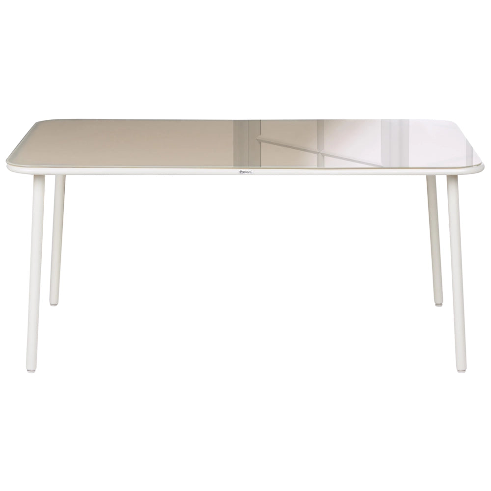 Tavolo da esterno con struttura in acciaio beige chiaro e piano in vetro temperato, 160 x 90 cm, verniciato a polvere, per 6 persone, resistente ai raggi UV e all'acqua