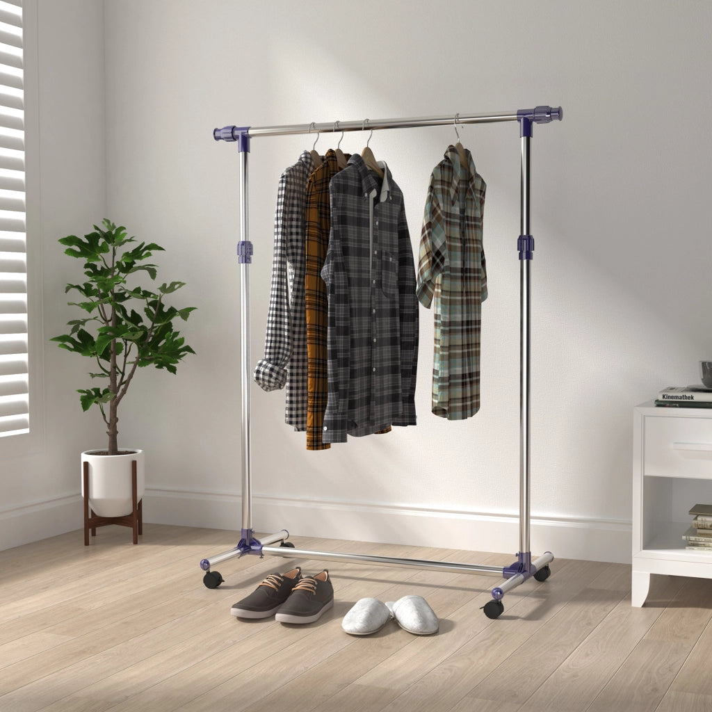 Appendiabiti con ruote, altezza regolabile e barra estensibile in acciaio inox