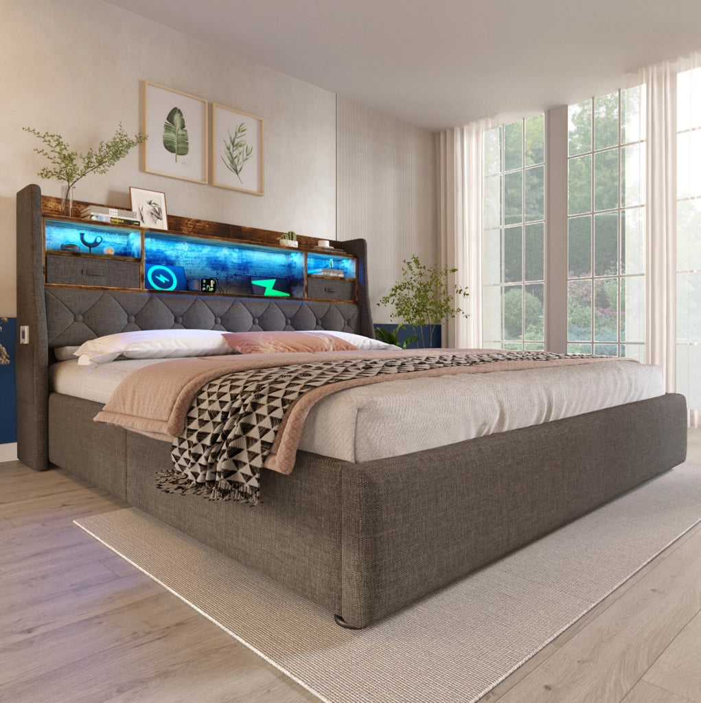 Letto matrimoniale 160x200 cm in lino grigio con contenitore idraulico; LED e porte USB
