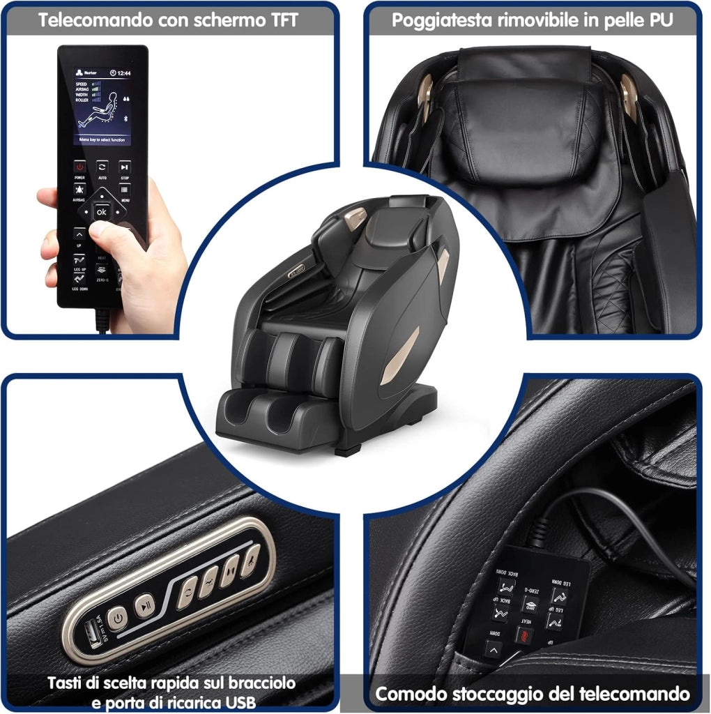 Poltrona Massaggiante 12 Modalità, a Zero Gravità, con Airbag e Rulli SL, Riscaldamento sullo Schienale, Rullo per Piedi, Rilevatore Corpo Automatico, Altoparlante Bluetooth e Timer (Nero)