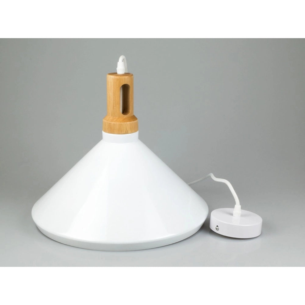 Trade Shop - Lampadario Pendente Lampada A Sospensione Parabola Bianca Base In Legno Vt-7535 -