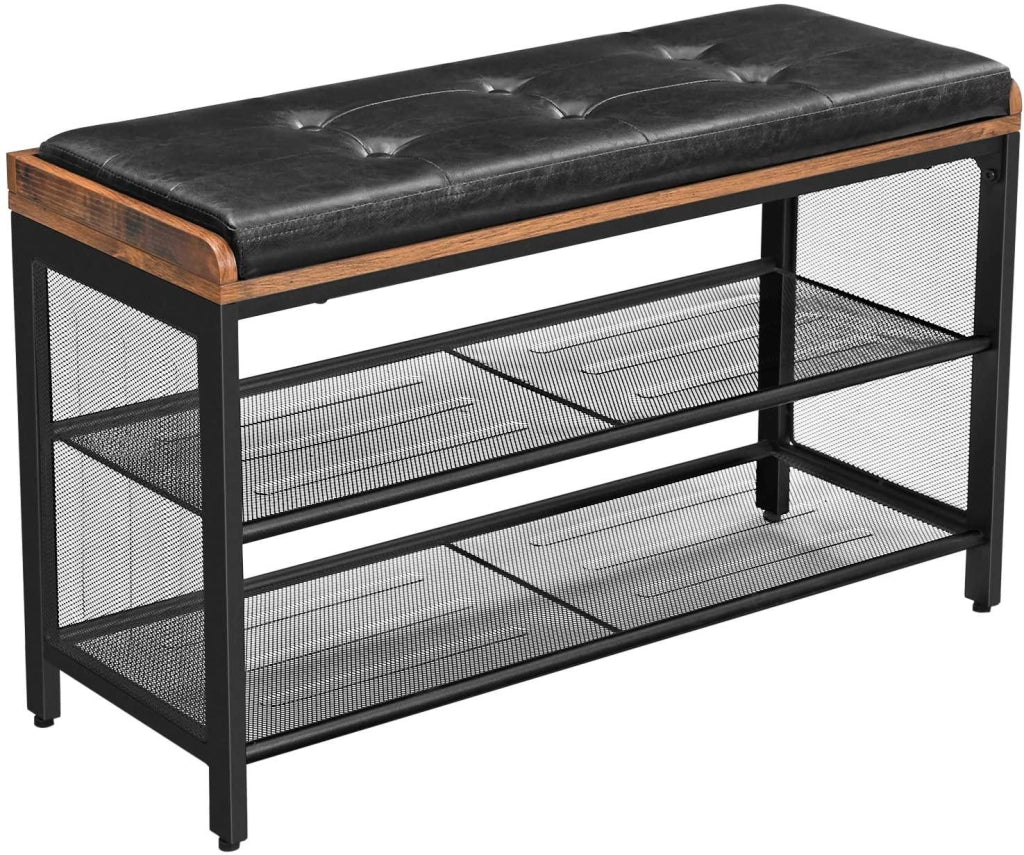 Panca portascarpe panca imbottita con ripiani in rete scarpiera corridoio/ingresso salvaspazio stile industriale metallo sintetico 80 cm nero/marrone rustico 12_0000209