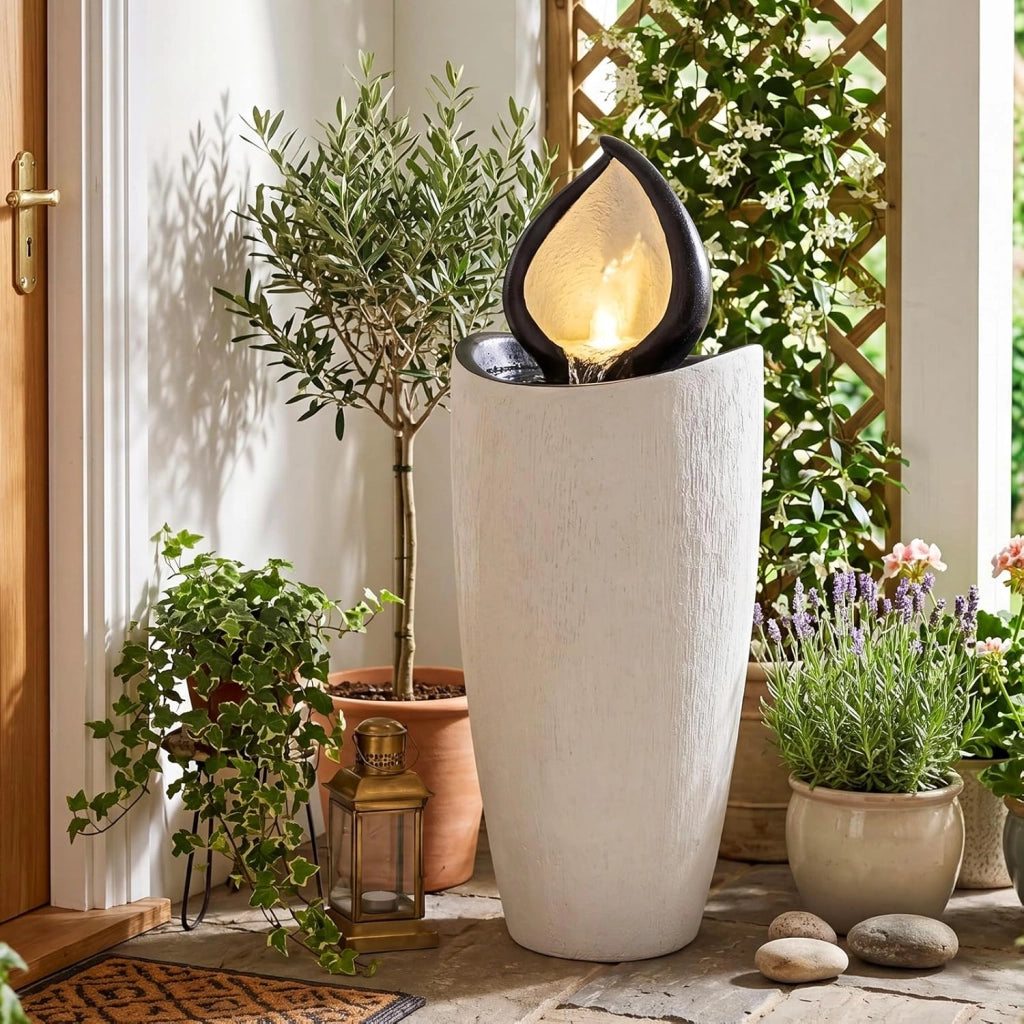 Fontana da Giardino con Luci, Fontanella Decorativa con Pompa e 4 Luci LED, Effetto Pietra, Sistema di Acqua Circolante da Esterno, Fontana Resistente in Resina per Cortile e Terrazzo