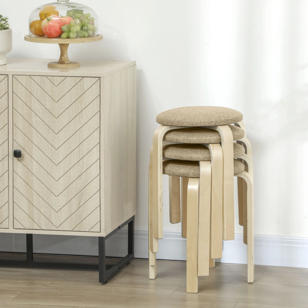 Set 4 Sgabelli Rotondi Impilabili ¨C Xylo ¨C Seduta Imbottita Legno Cucina Beige