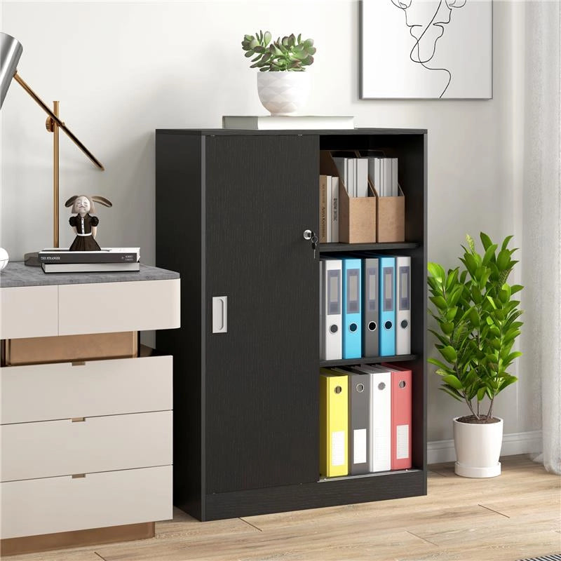ARMADIETTO DA UFFICIO A 3 RIPIANI CON 2 CHIAVI DI SICUREZZA E ANTE SCORREVOLI 80X40X120 CM NERO