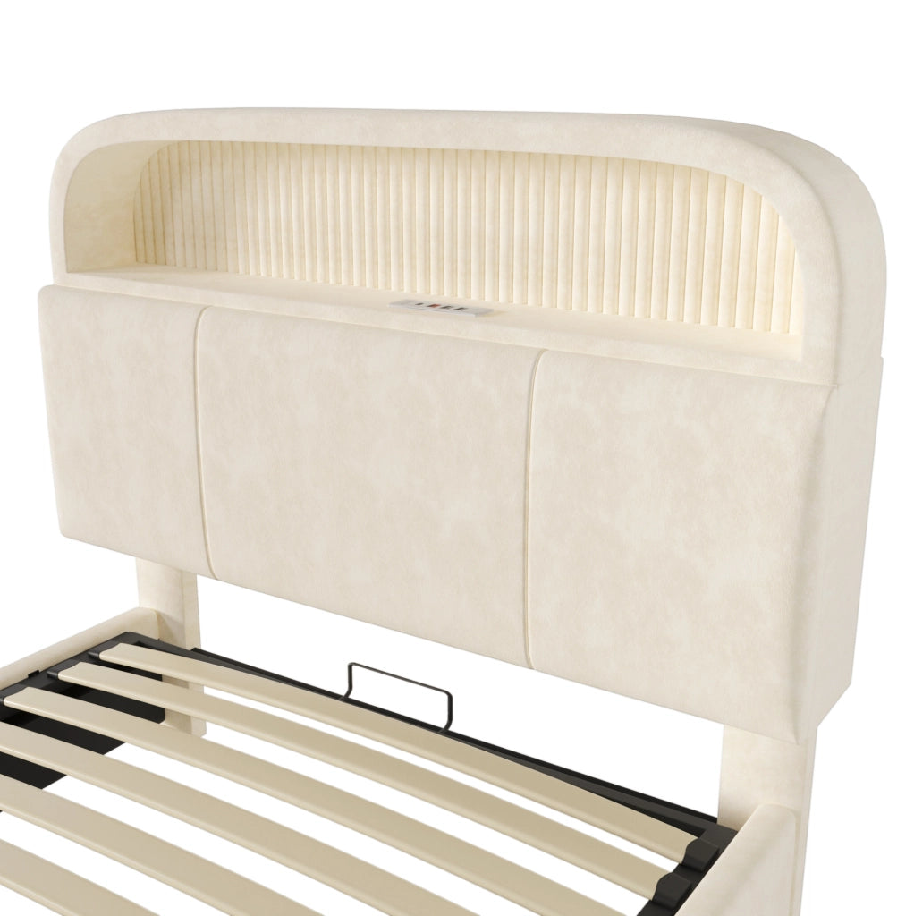 Letto imbottito 90x200 cm beige con materasso, LED, USB/Type-C e vano contenitore