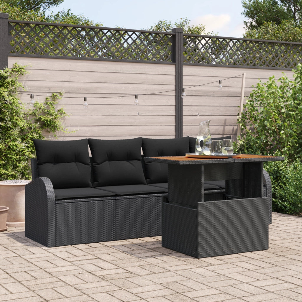Set da Pranzo da Giardino 5 Pezzi con Cuscini Nero Poly Rattan Acacia