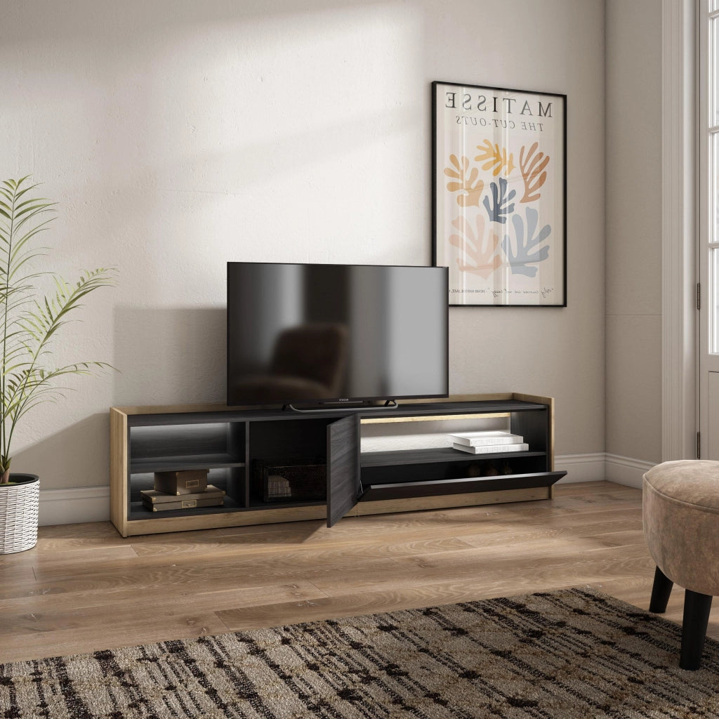 Mobile TV Soggiorno, 207x50x37 cm, Per TV fino a 80", LED, Nero e rovere
