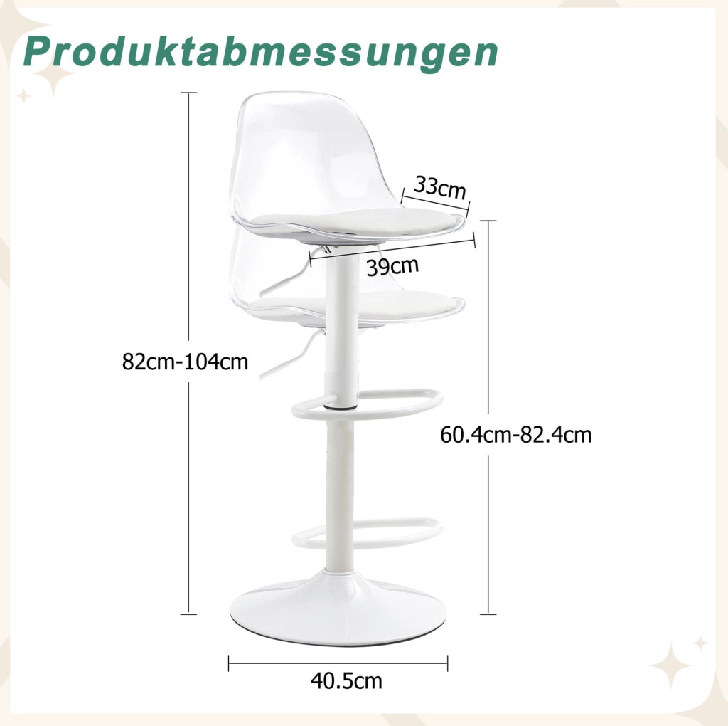 Set di 2 sgabelli da bar 51x49.5x50 cm regolabili con schienale trasparente in metallo e plastica bianco