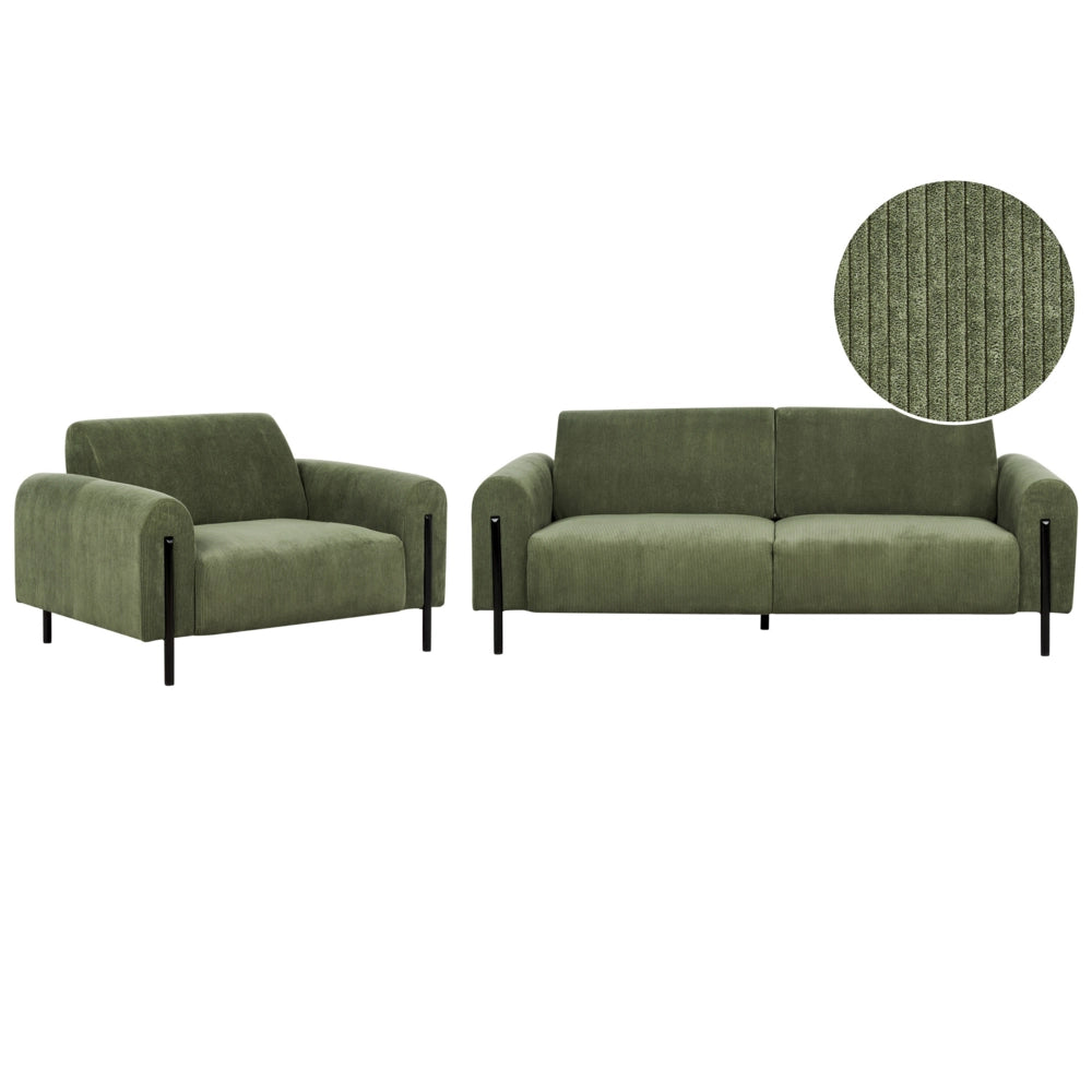 Set soggiorno divano 3 posti e poltrona imbottita in velluto verde con schienale regolabile stile elegante moderno