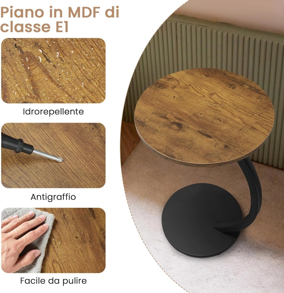 Tavolino Rotondo a Forma di C, Tavolino per Divano Letto, con Struttura in Metallo Piano in MDF, φ40xH65 cm, Nero, BTS21sz