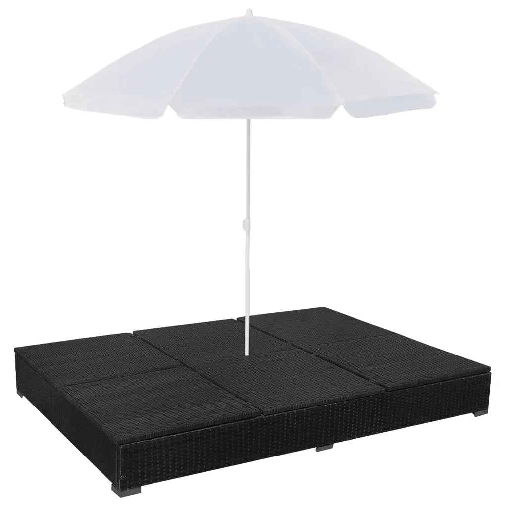 Lettino Prendisole | Sdraio da giardino | Lettino da sole con Ombrellone in Polyrattan Nero
