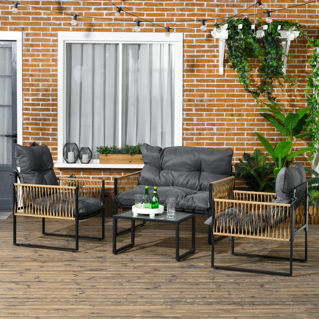 Set salotto da giardino 4 pezzi con divano 2 posti, 2 poltrone e tavolino vetro temperato ¨C Zephmum ¨C Grigio