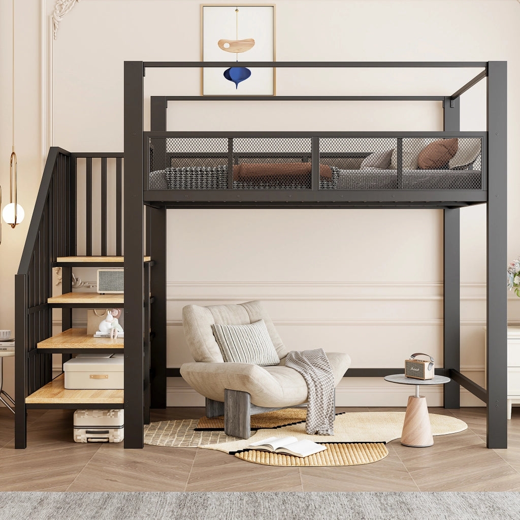 Letto a soppalco in metallo 90x200 cm con scala contenitore, struttura alta, colore nero
