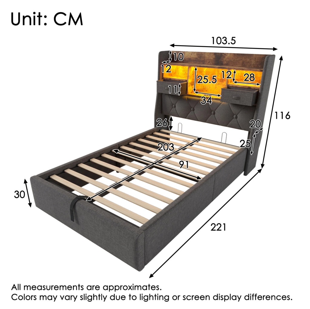Letto imbottito 90x200 cm in lino grigio con contenitore idraulico; testiera LED e porte USB