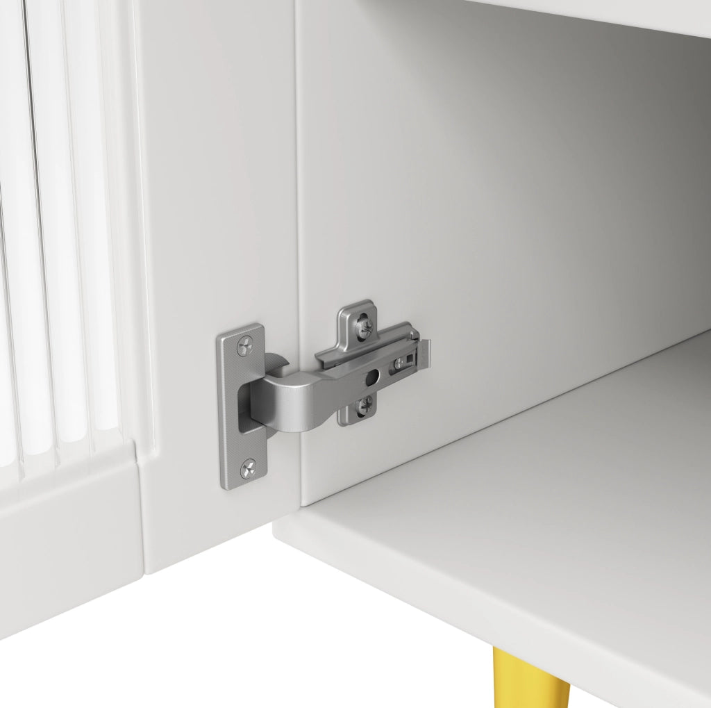 Credenza 145x39x171 cm con porte in vetro; portabottiglie e ampio spazio contenitivo in MDF bianco