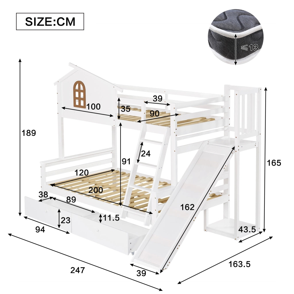 LETTO a castello con finestra e scivolo 90x200/120x200 cm Bianco