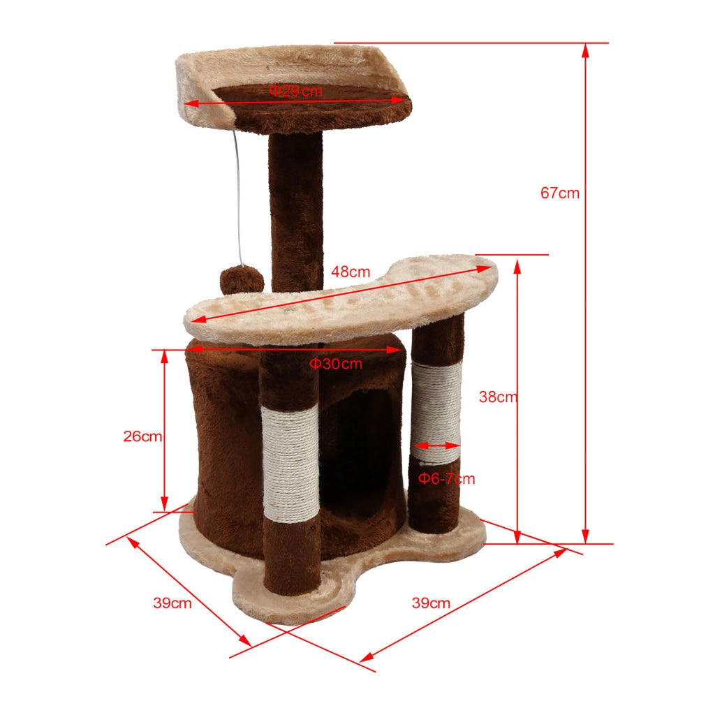 Albero tiragraffi 67 cm marrone/bianco Con sisal, piattaforma, nicchia e pallina