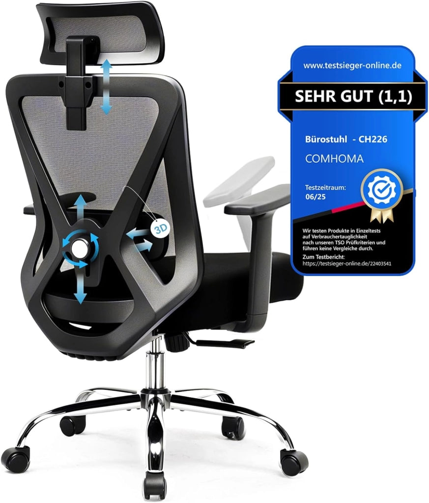 Sedia da ufficio ergonomica, con poggiatesta 3D e supporto lombare 3D, braccioli regolabili, sedia da ufficio con funzione basculante e ribaltabile