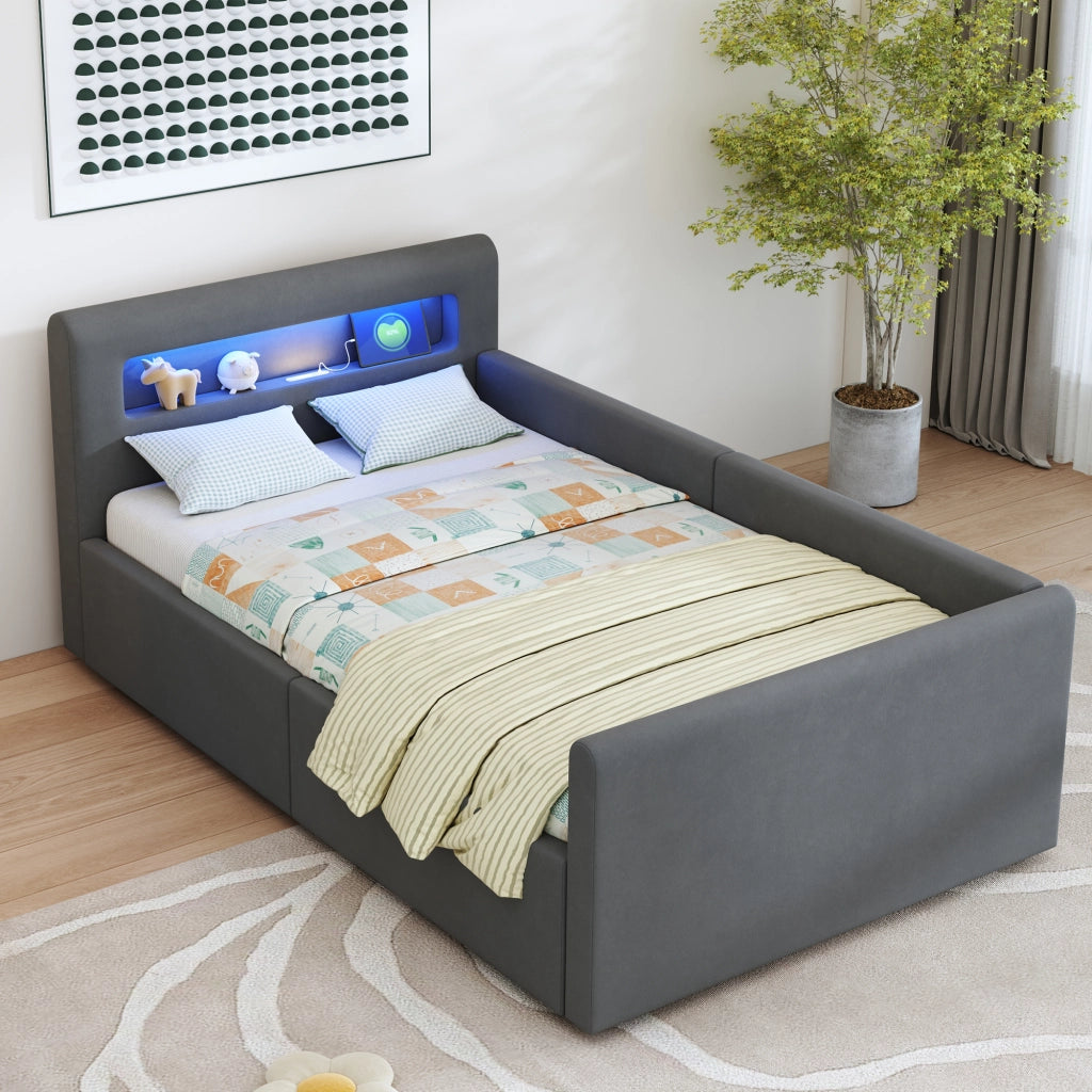 Letto 90x200 cm - Letto imbottito,Con luce notturna,Porta di ricarica USB,Con vani portaoggetti,Velluto,Funzione di accumulo idraulico,Grigio scuro