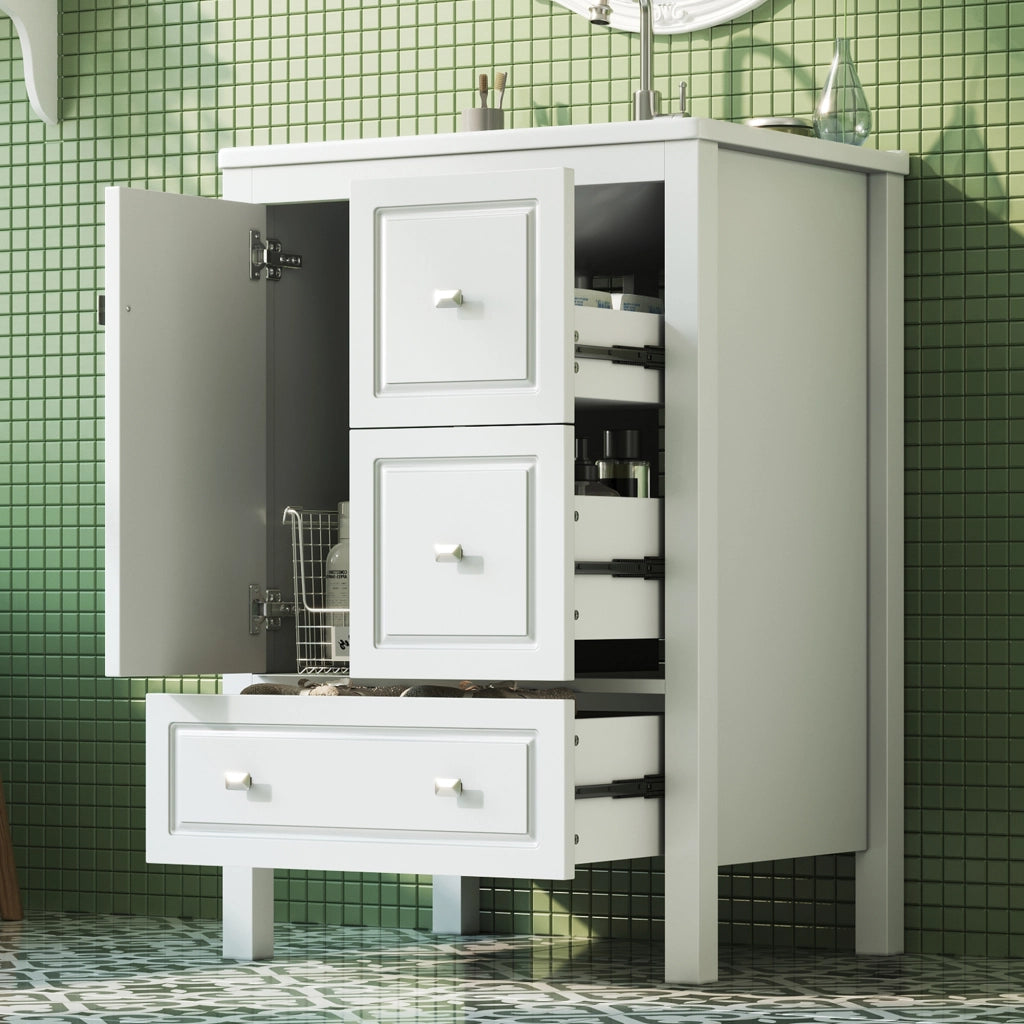 Mobile sottolavabo da bagno con lavabo in ceramica 1 anta e 3 cassetti per bagno in MDF e ceramica bianco 62 × 47 × 90 cm