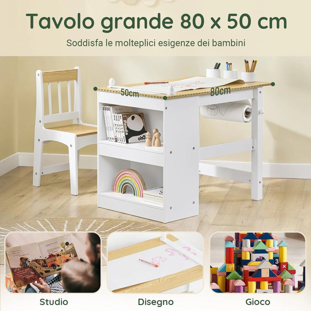 Tavolino Bambini con 1 Sedia, Set Tavolo e Sedie per Bambini Multiattività con 2 Ripiani, Tavolo Disegno e Gioco, Sedia Scrivania Cameretta Bianco e Naturale 80x50x66cm KMB60-WN