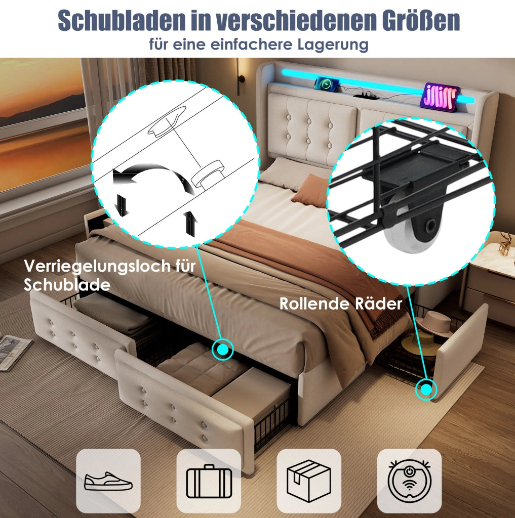 Letto matrimoniale 180x200 cm con LED; USB-C e 4 cassetti; beige in cotone-lino