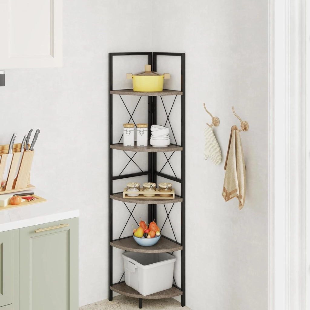 Scaffale Angolare, Libreria Industriale a 5 Ripiani con Struttura in Metallo, Libreria a Scale per Soggiorno Ufficio Cucina Spazi Piccoli, 35x35x160 cm (Grigio Rovere)
