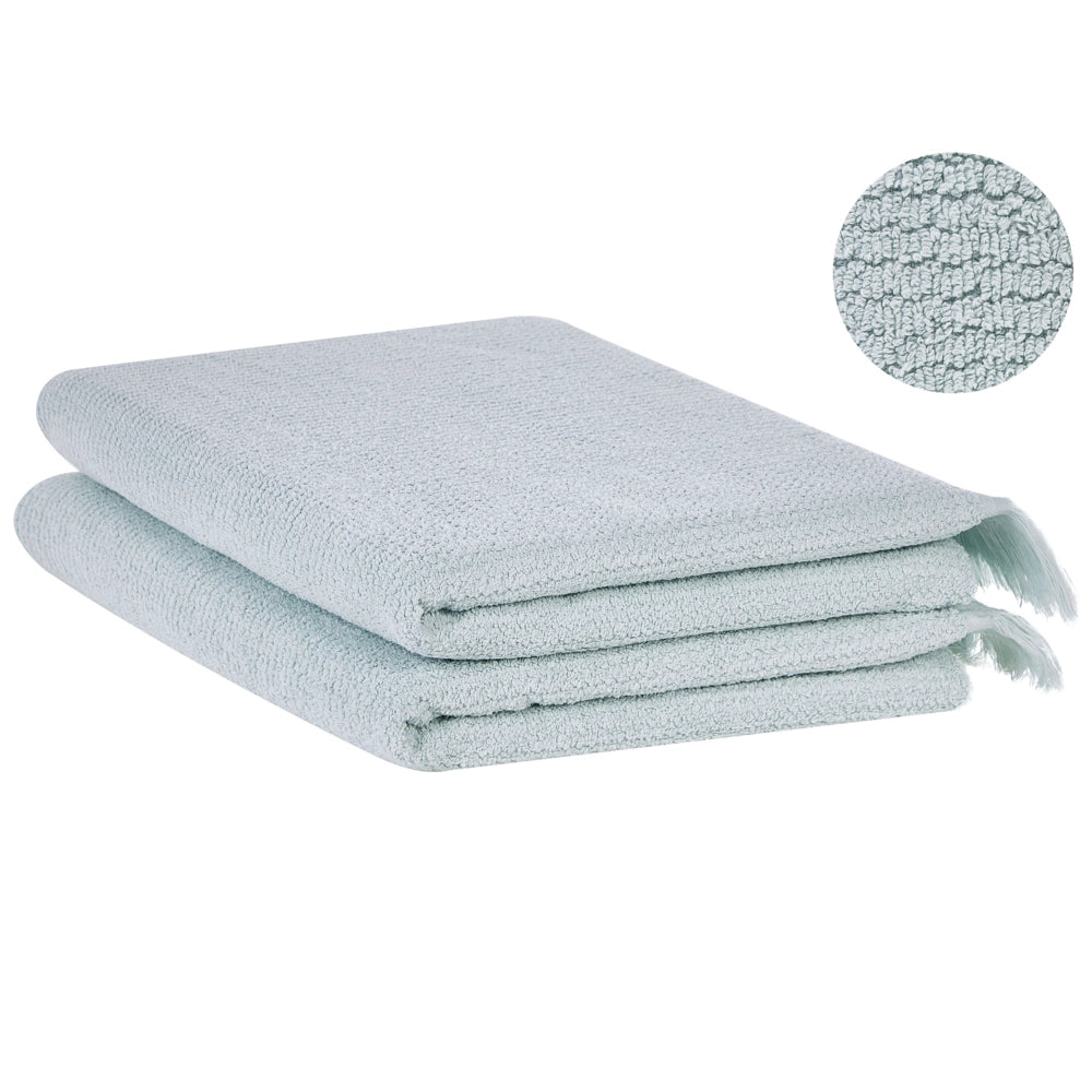 Set di 2 asciugamani bagno in spugna di cotone verde menta con nappe decorative
