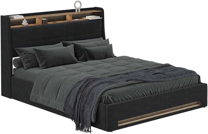 Letto imbottito Christin, Antracite/quercia, 160x200 con LED, connessione USB, materasso