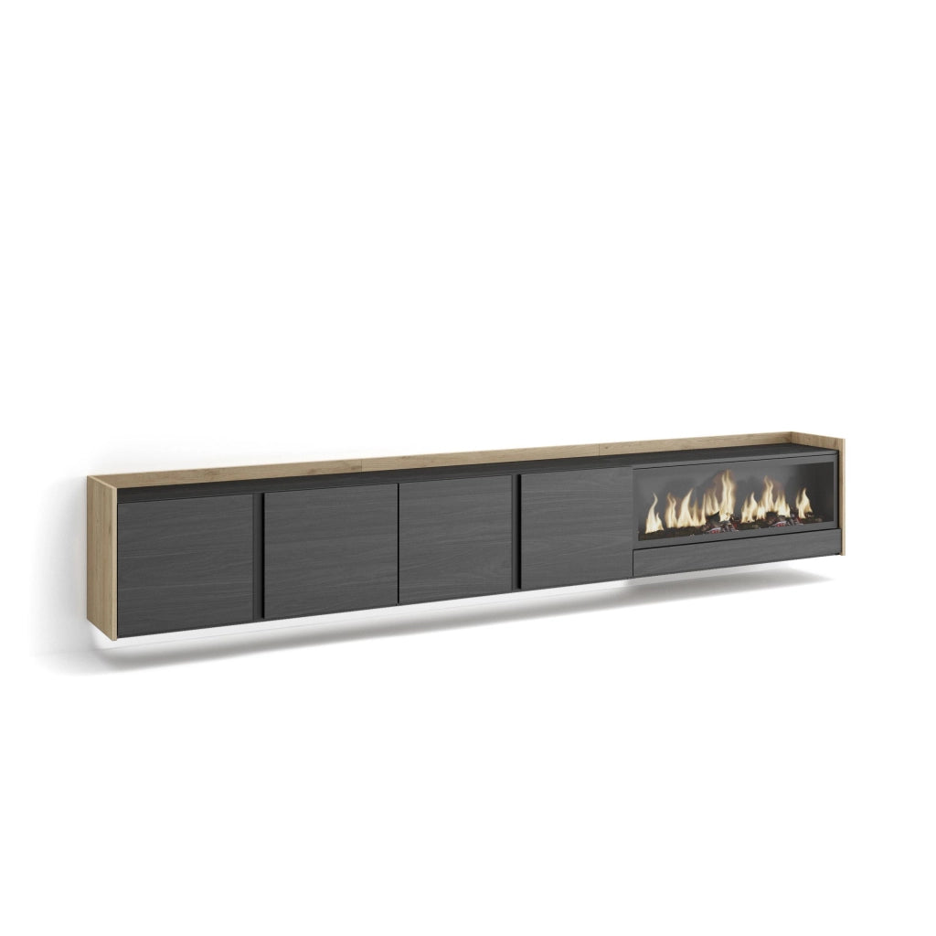 Mobile TV Soggiorno, 315x50x35 cm, Per TV fino a 80", Camino elettrico XXL, Sospeso, da appendere, LED, Nero e rovere