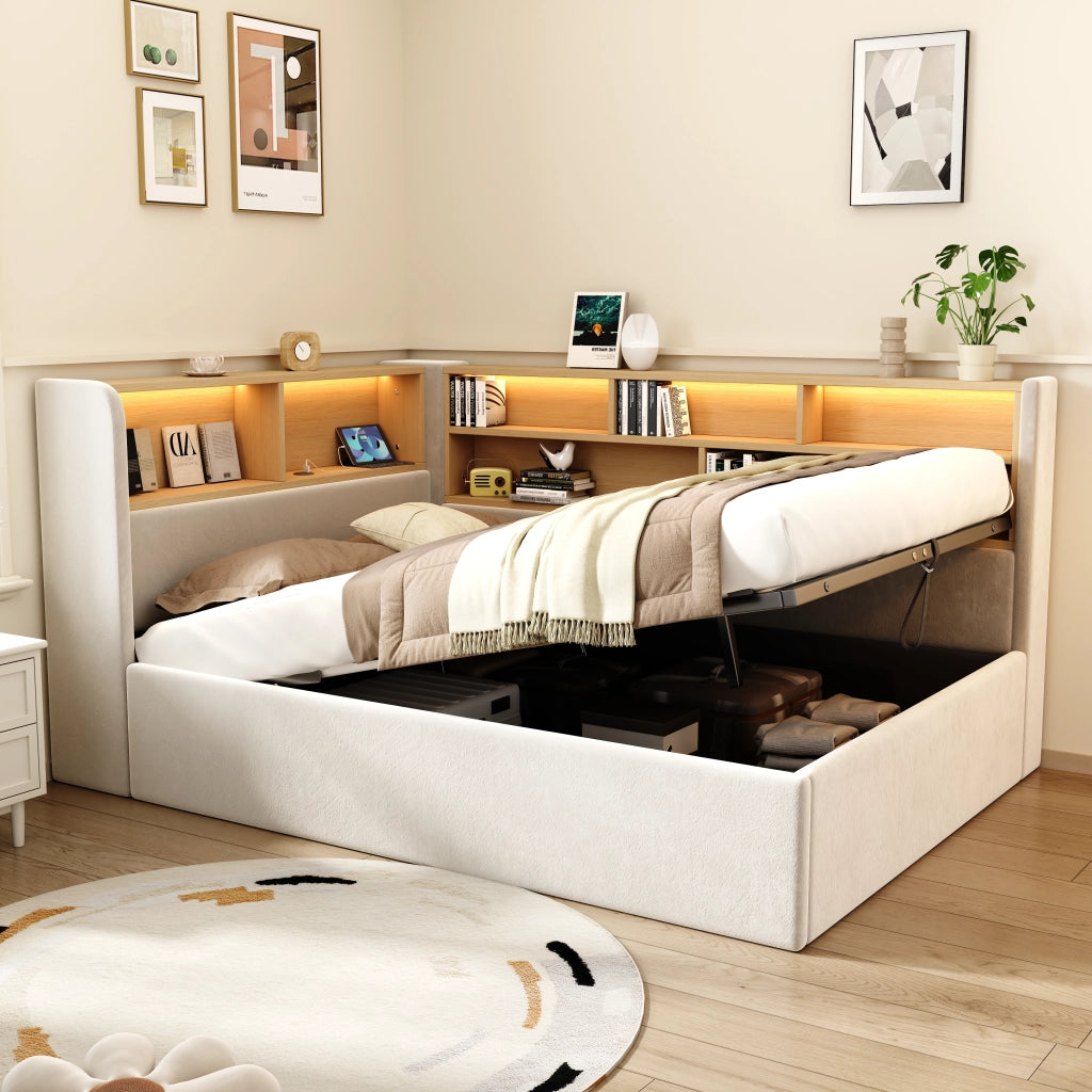 Letto Singolo 90x200 cm Contenitore; LED; USB e Type-C; Velluto Beige