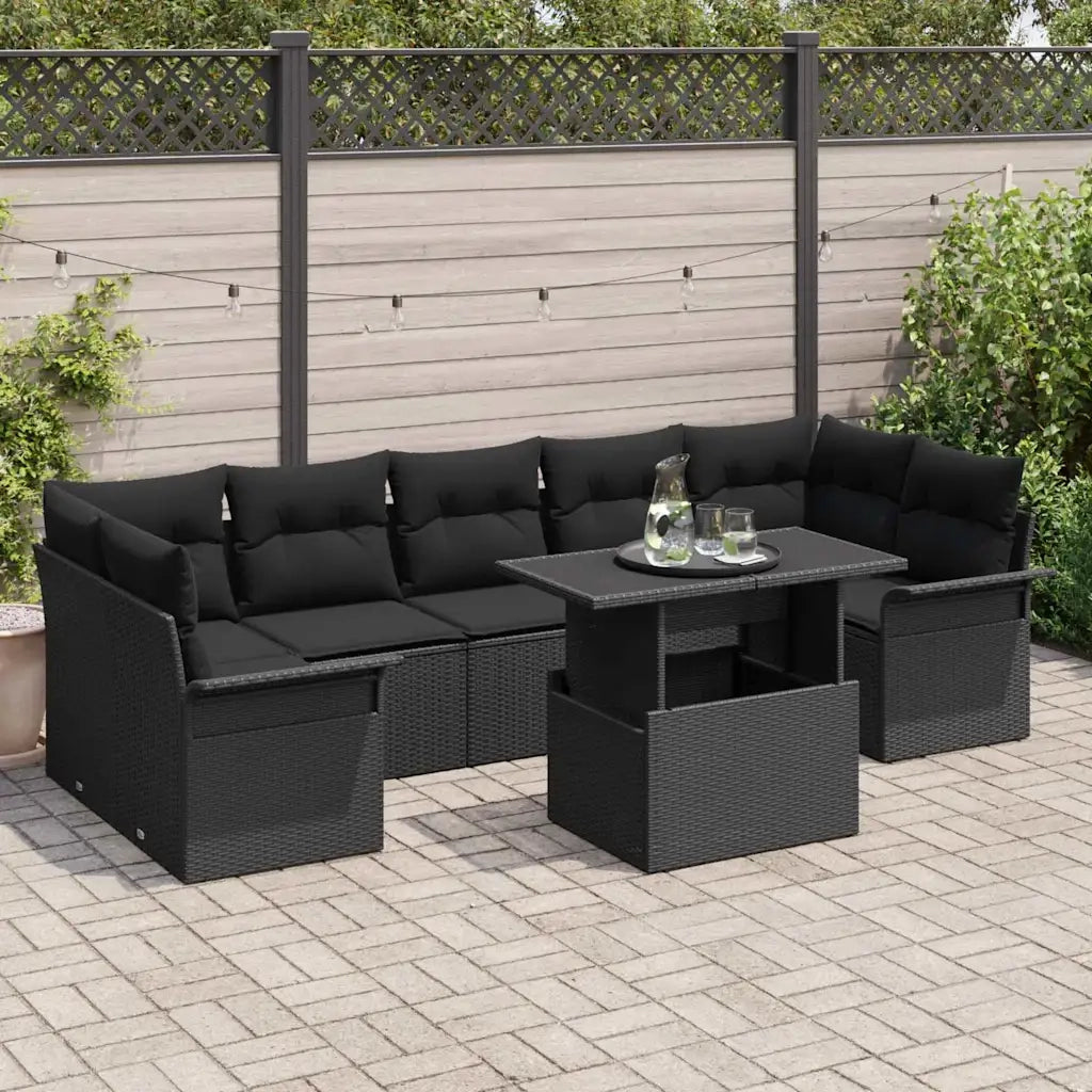 Set Divano da Giardino con cuscino 8 pcs Nero Poly Rattan