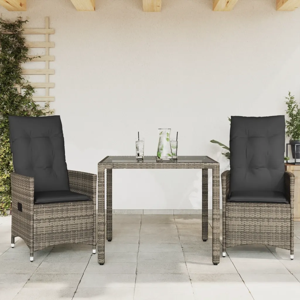 Set da BistrÃ² 3 pz con Cuscini Grigio in Polyrattan